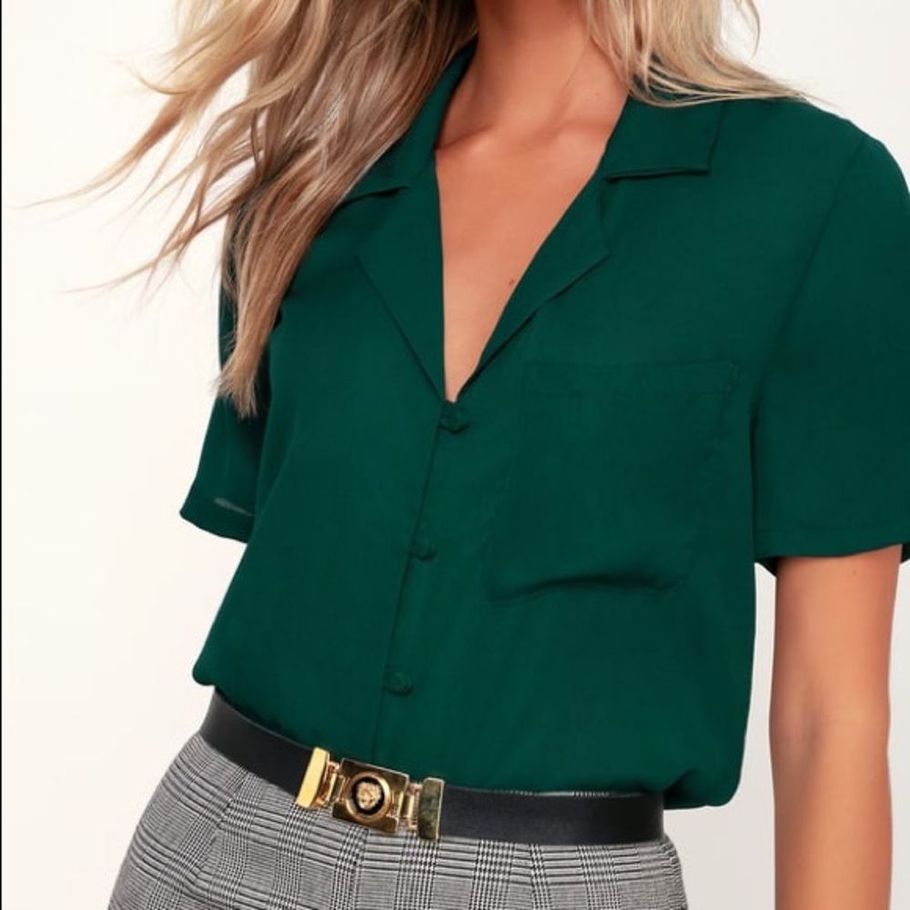 Dark Green Short Sleeve Button-Up Top